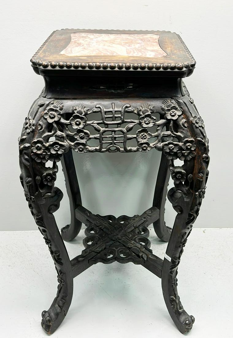 Chinese Rosewood Carved Marble Top Table (1 of 9)