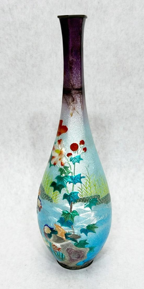 Signed Japanese Ginbari Cloisonne Birds in Stream Vase (1 of 8)