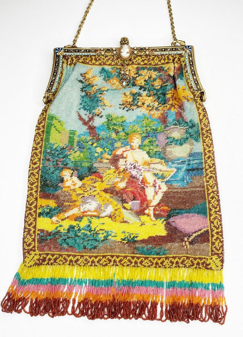 Micro Beaded Handbag with Garden Scene, Enameled and jeweled Frame with Carved Shell Cameo (1 of 17)