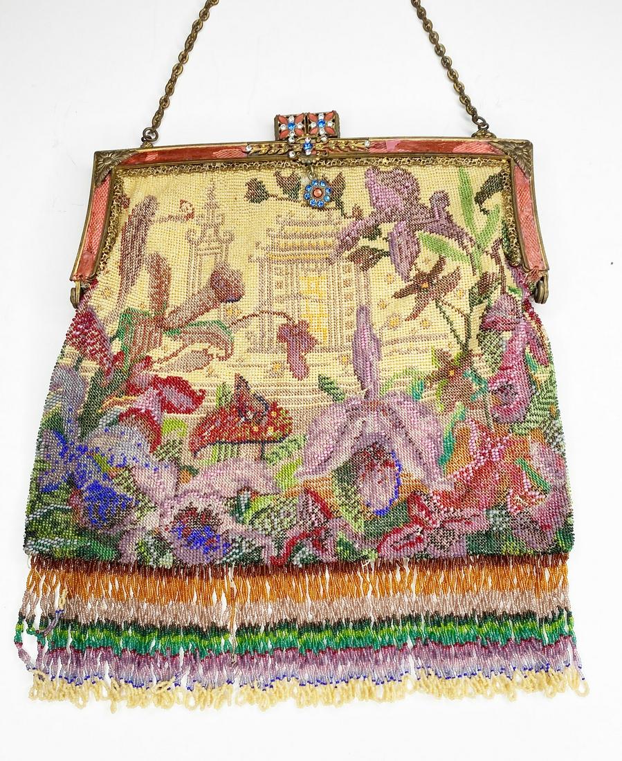 Micro Beaded Evening Bag with Asian Garden scene, Jeweled and Enameled Frame (1 of 15)
