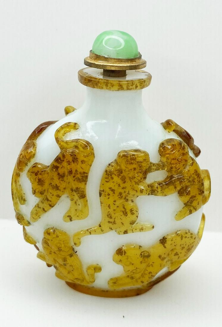 Chinese Peking Glass Carved Monkeys Snuff Bottle: 2 3/4" tall, 2 1/4" at widest.