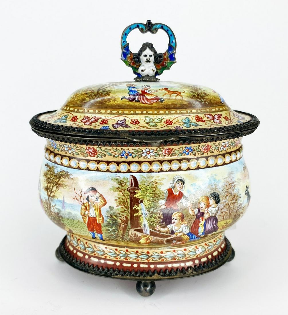 Viennese Enamel on Silver Footed Casket: 3 1/4" tall, 3 1/4" at widest.