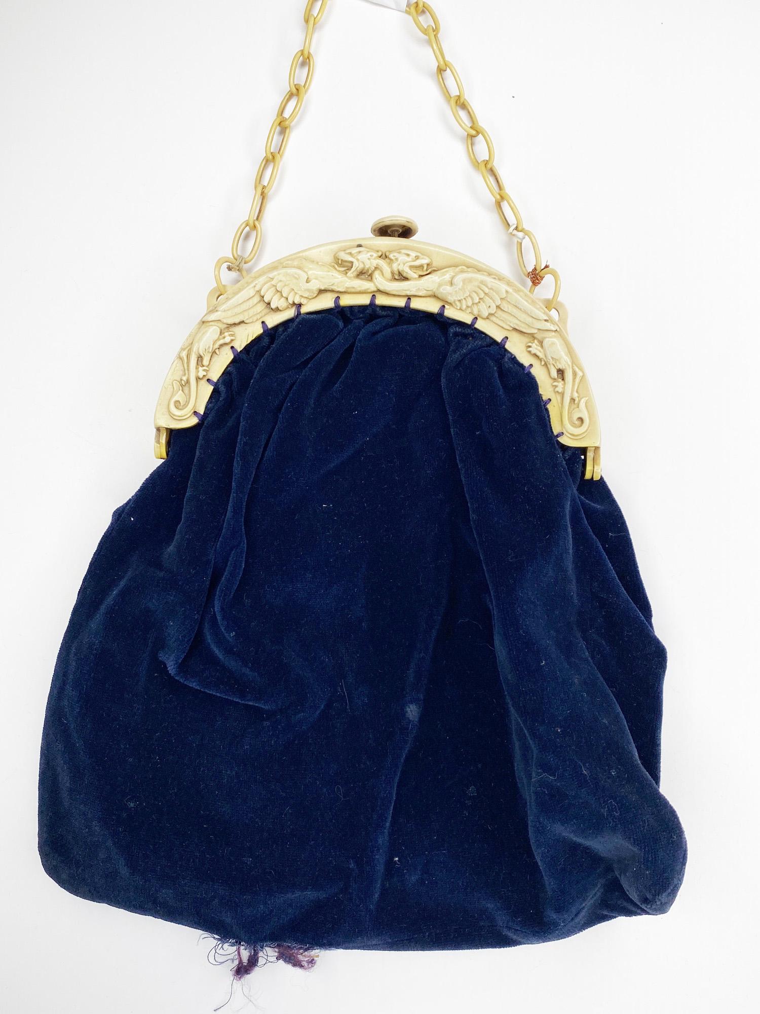 Art Deco Velvet Handbag with Celluloid Dragon Frame (1 of 13)