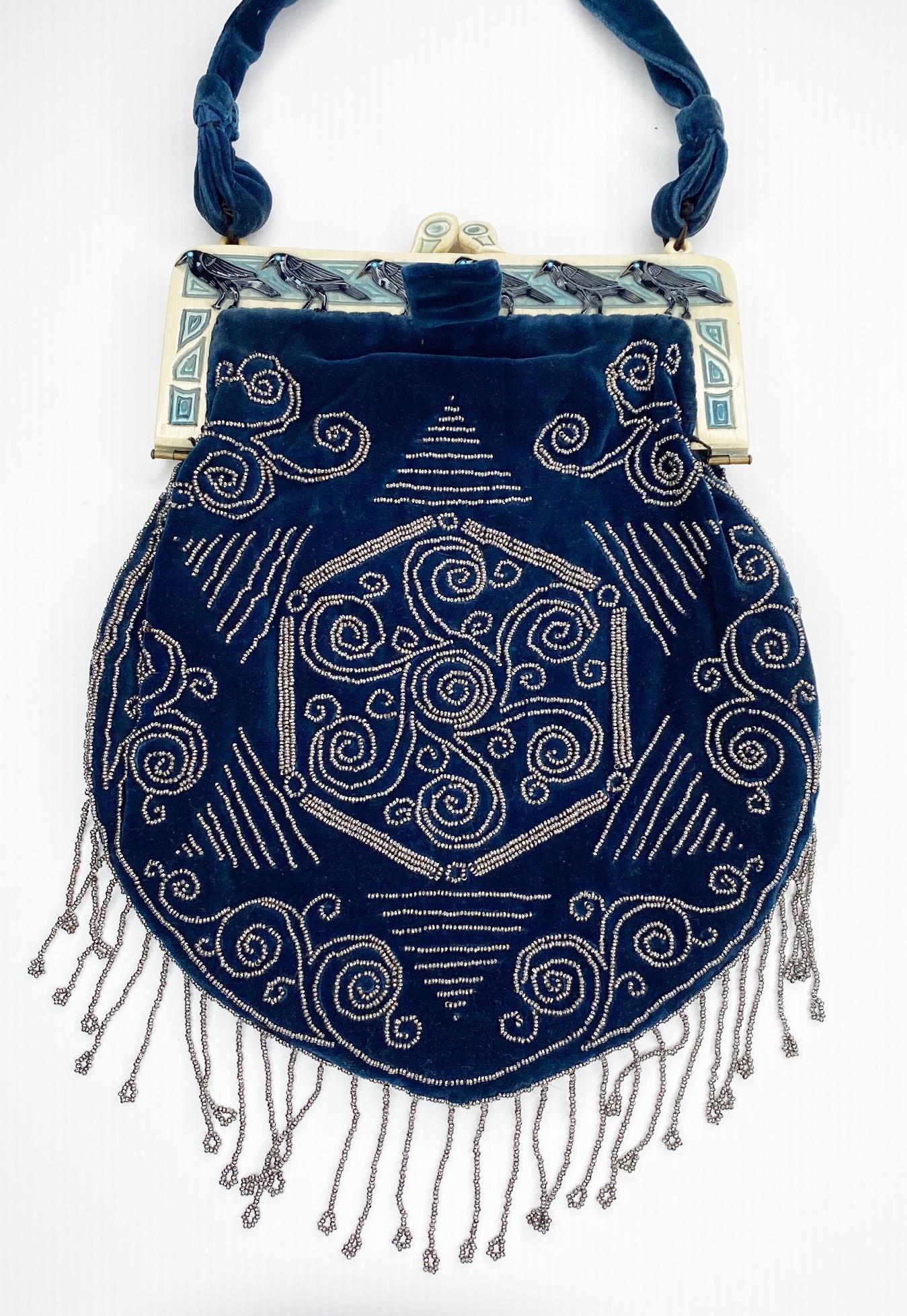 Art Deco Micro Beaded Velvet Handbag with Carved Celluloid Birds Frame (1 of 15)