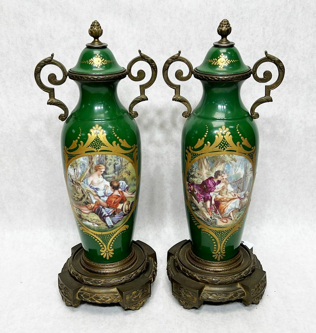 Pair continental bronze mounted porcelain urns (1 of 10)