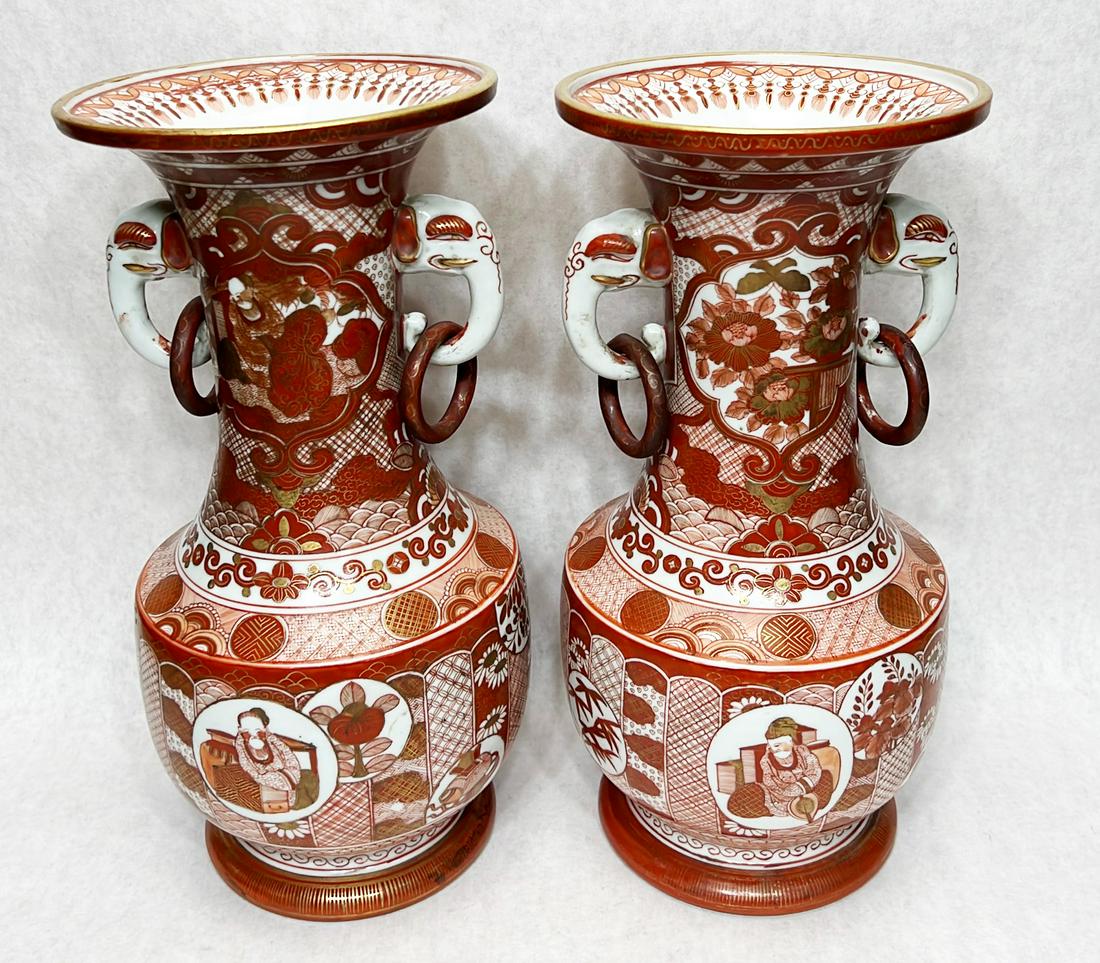Pair Japanese Kutani ring handled porcelain vases (1 of 14)