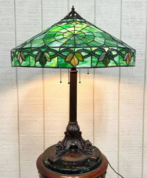 Handel bronze lion base stained glass shade lamp
