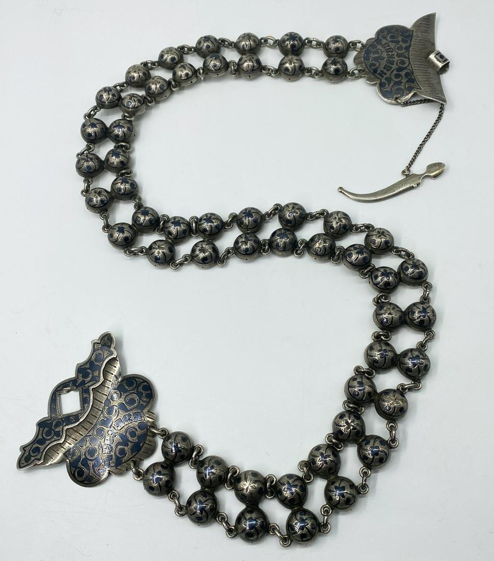 Antique Traditional Armenian Ladies Silver & Niello Belt (signed): 5.1 ozt., 28 1/4" x 1" belt end to end, 2 1/4" x 2" buckle, some wear