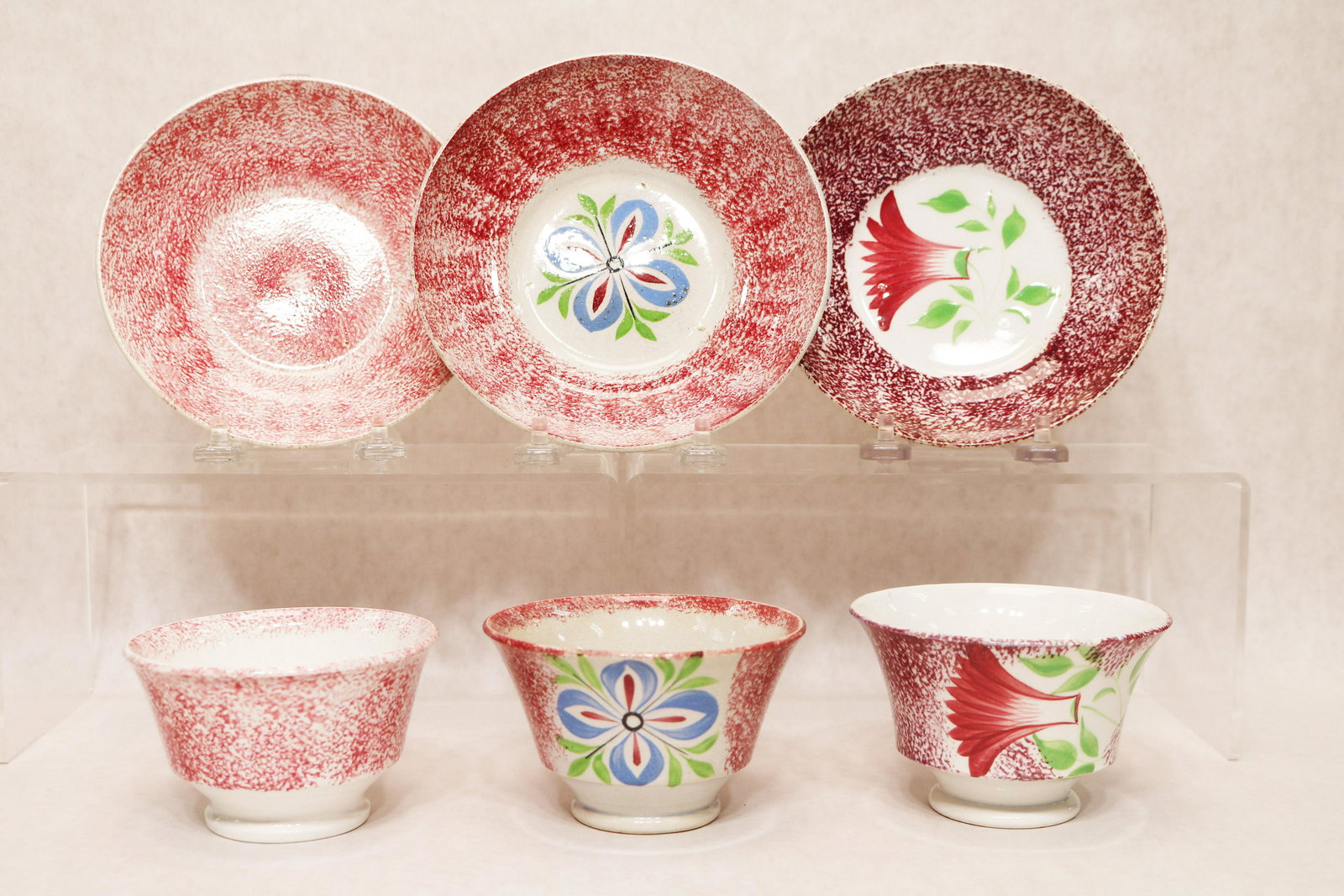 (3) Red spatterware cups and saucers (1 of 3)