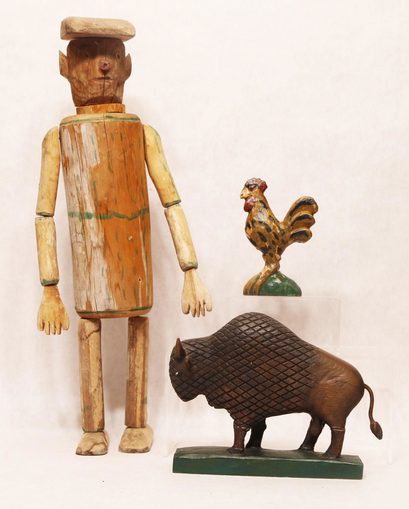 (3) Folk art carvings including articulated figure (1 of 12)