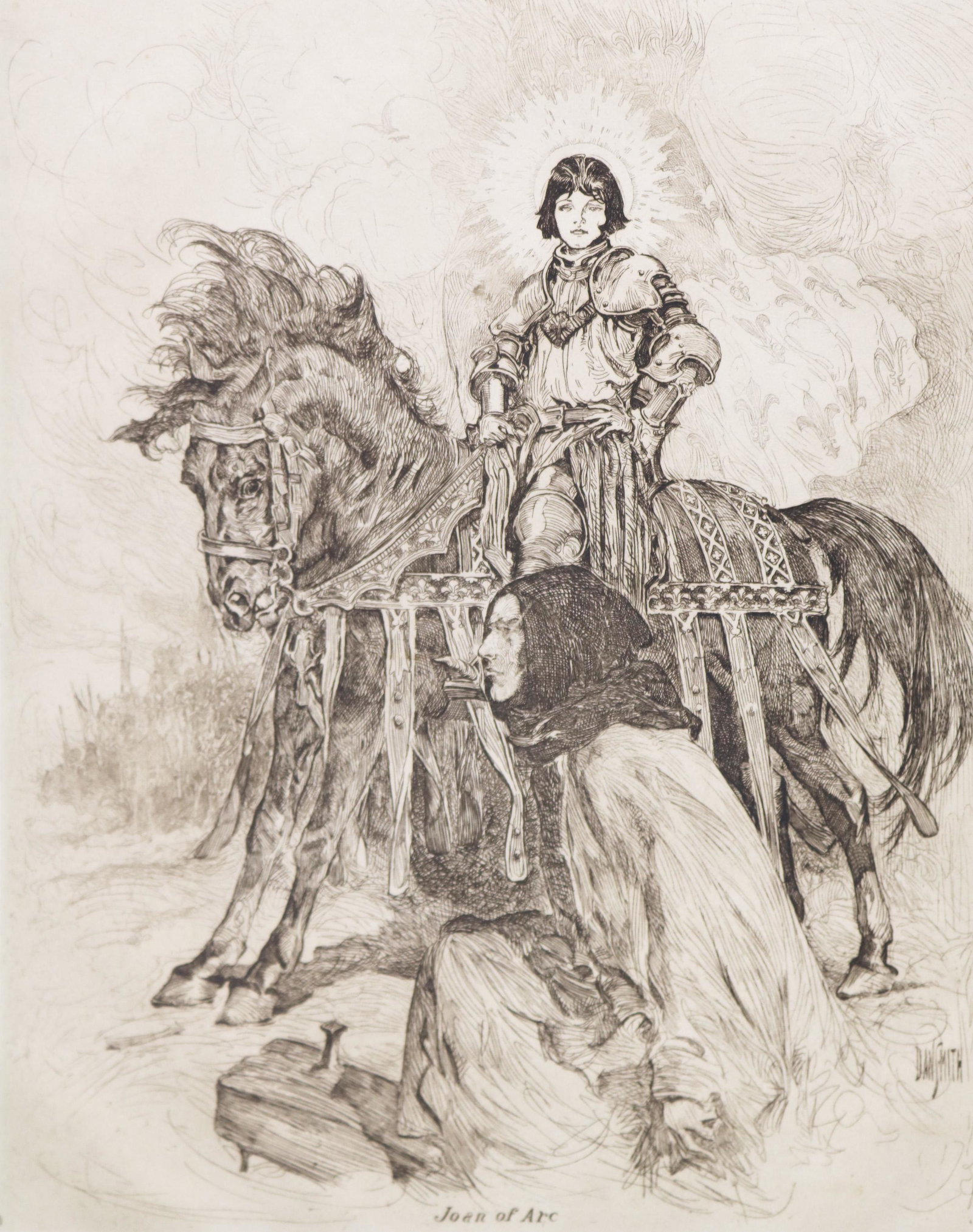 Dan Smith (NY 1865-1934) Joan of Arc etching: Appx. 11 3/4" x 14 3/4". Condition as pictured.