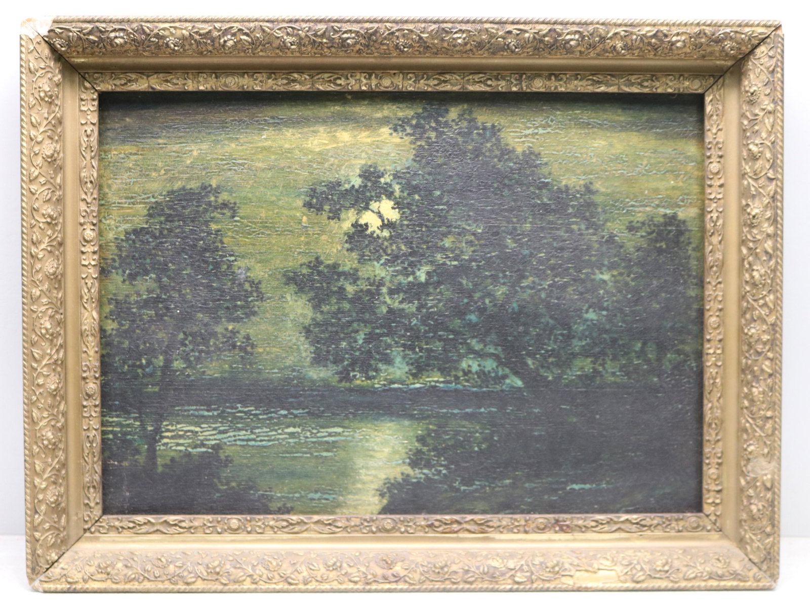 American Luminist School oil on board landscape painting: American, 19th/20th century. Exposed to extreme heat with wide craquelure. 13 1/2" x 19 3/4" sight size. Chips to frame.