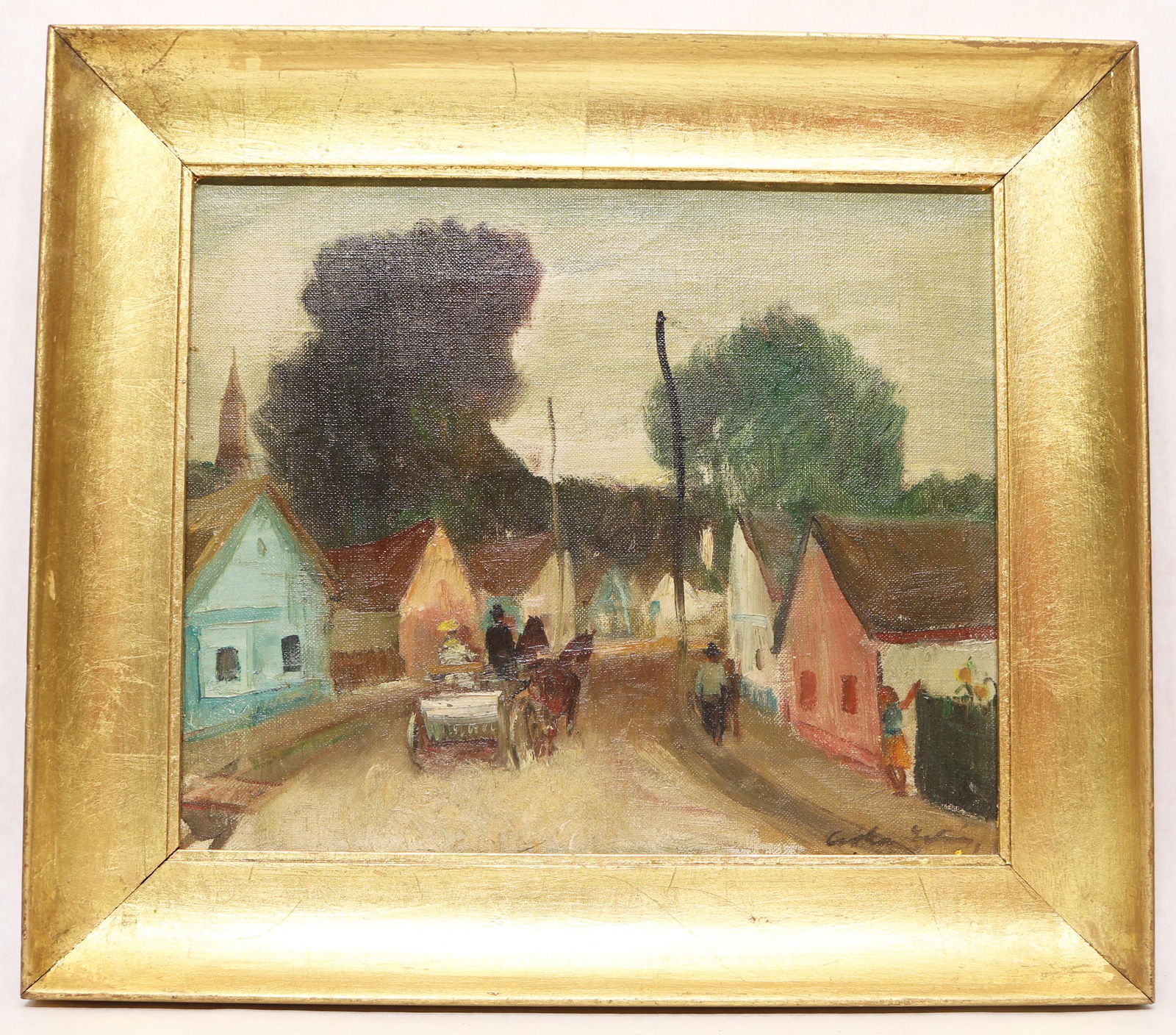 Continental School oil on canvas landscape painting: Signed indistinctly lower right. Sight size 9 5/8" x 11 1/2"; overall 13 1/2" x 15 1/2".