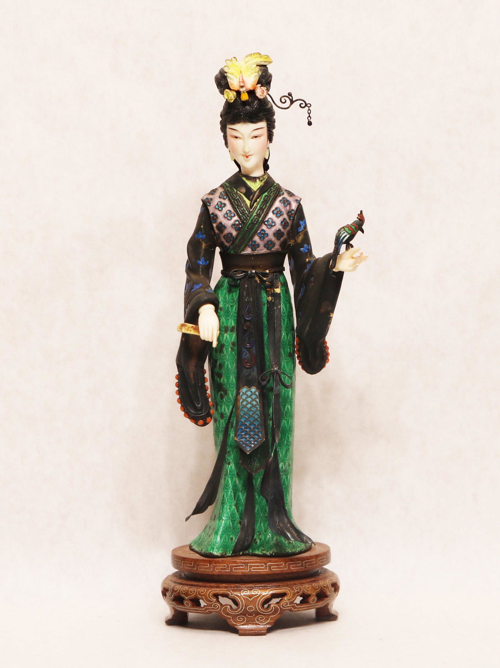 Chinese silver enamel figure of a woman with bird (1 of 10)