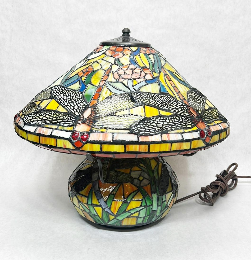 Contemporary Leaded Stained Glass Dragonfly Lamp (1 of 5)