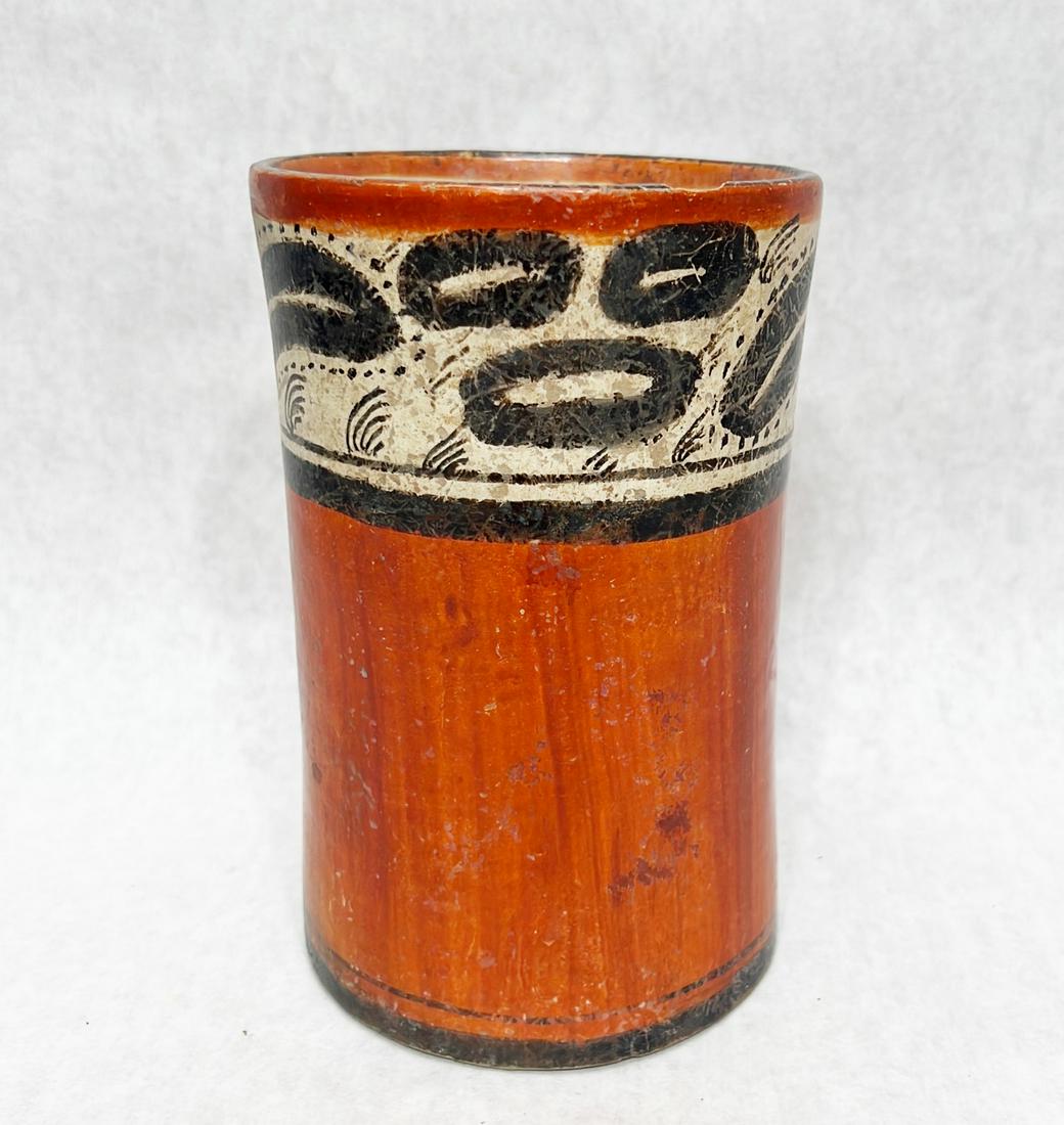 South American Pottery Cylindrical Vase: Chips and restoration. Approximately 7" tall.