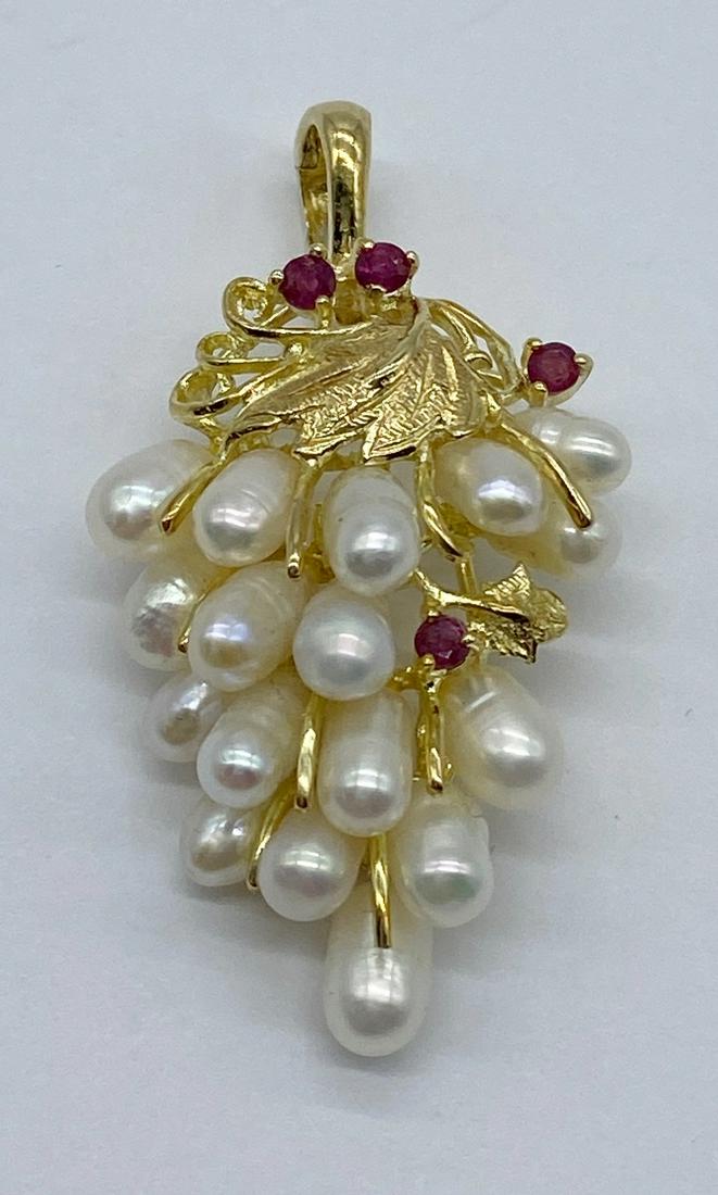 14Kt Gold Pearl & Ruby Pendant 7.2G (Signed) (1 of 4)