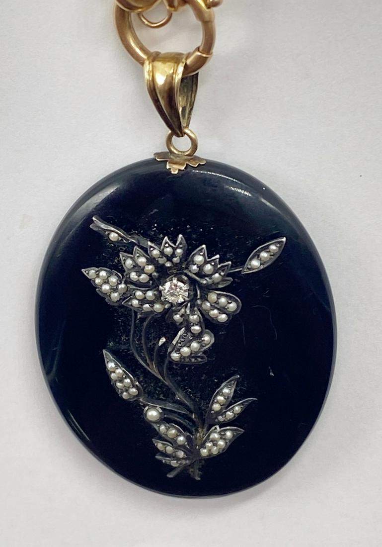10Kt Gold Onyx, Diamond & Seed Pearl Vintage Mourning Locket Necklace (1 of 6)