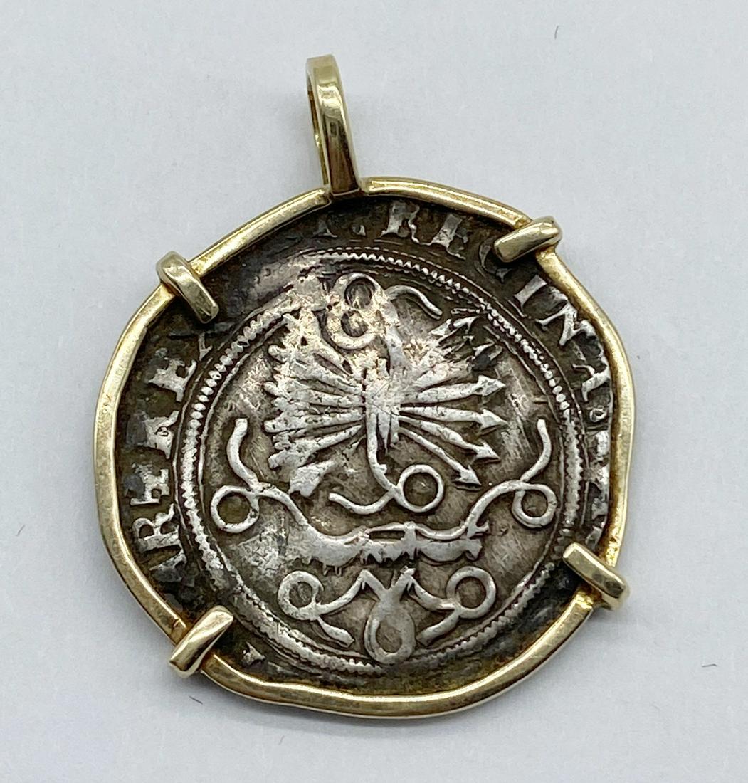 1600 Spanish Coin -14Kt Gold Bezel Pendant: 1 1/4 x 1