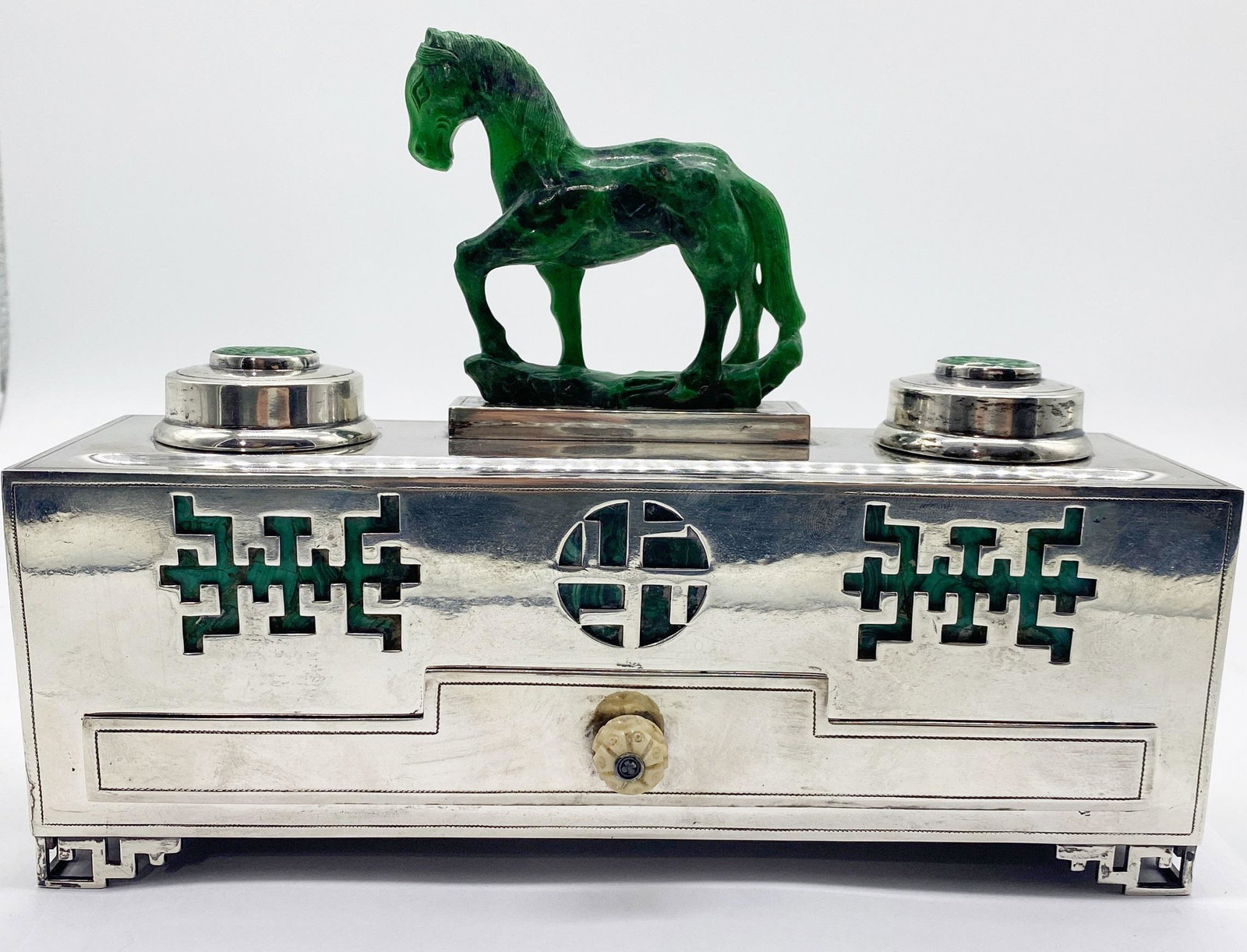 Sterling Silver Inkwell W/Malachite Carved Horse Retailed by John Wanamaker 36.4 Ozt Tw (1 of 15)