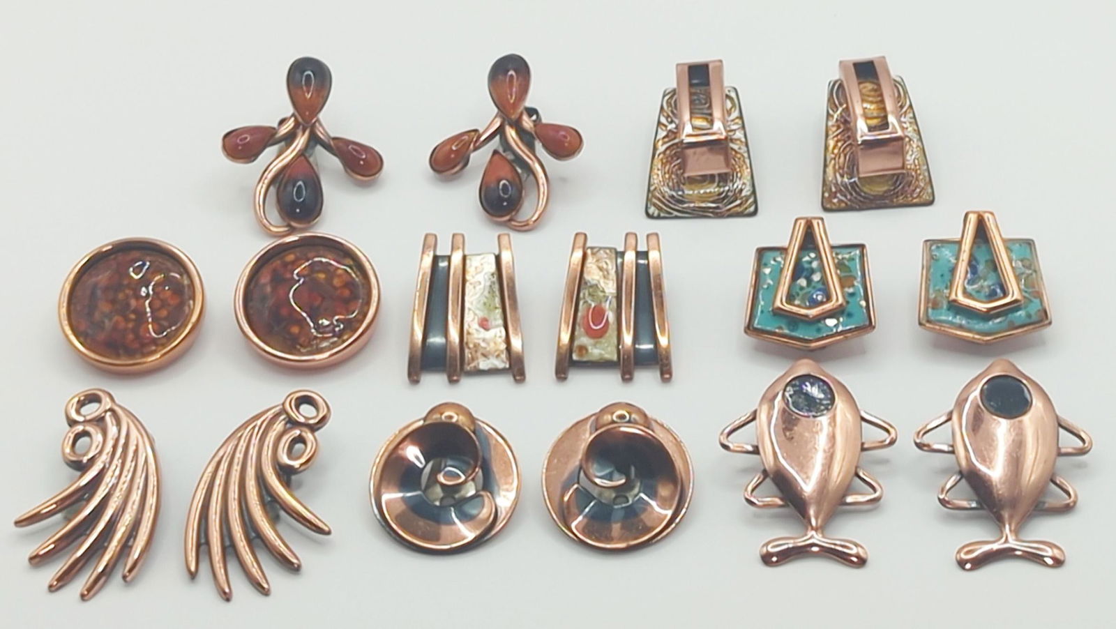 MATISSE RENOIR; Eight Pair Modernist Enamel And Copper Earrings (1 of 10)