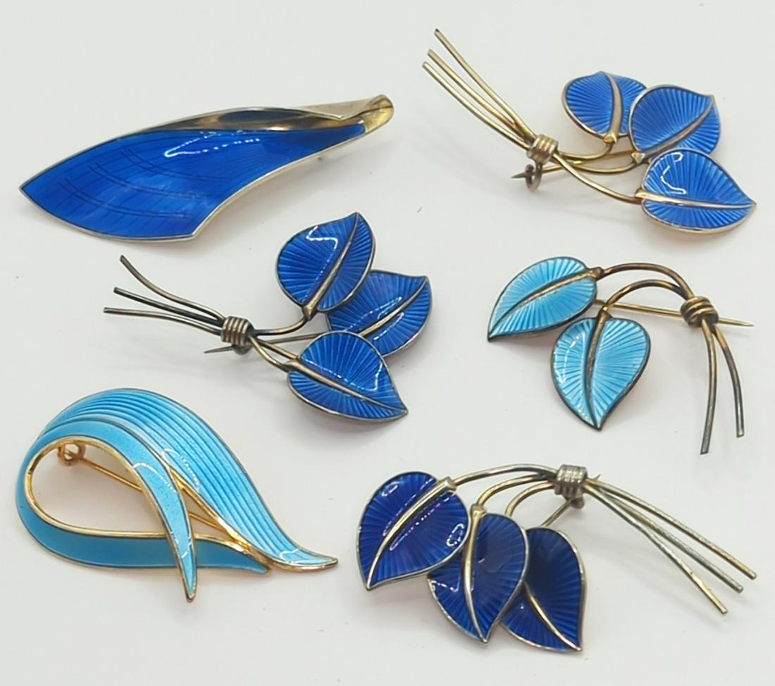 ALBERT SCHARNING, NORWAY; Modernist Sterling Enamel Jewelry: 20th century. Six brooches from 2" to 2 5/8", 51 grams. Good condition with minor edge imperfections.