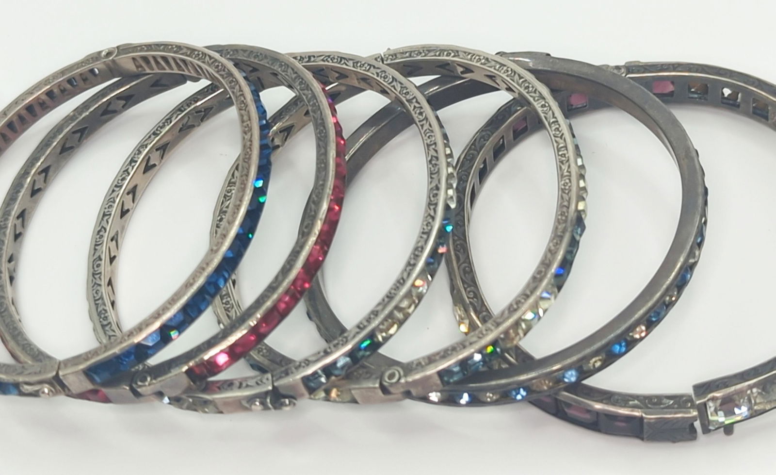 ART DECO STYLE; Six Silver Rhinestone Bangle Bracelets (1 of 10)