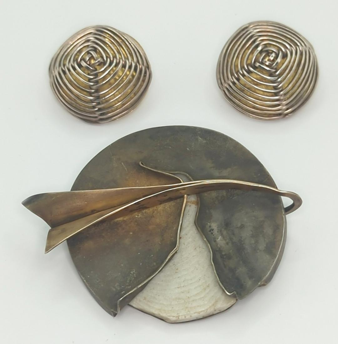 ARTIST SIGNED JEWELRY; Postmodern Silver Brooch And Earrings (1 of 6)