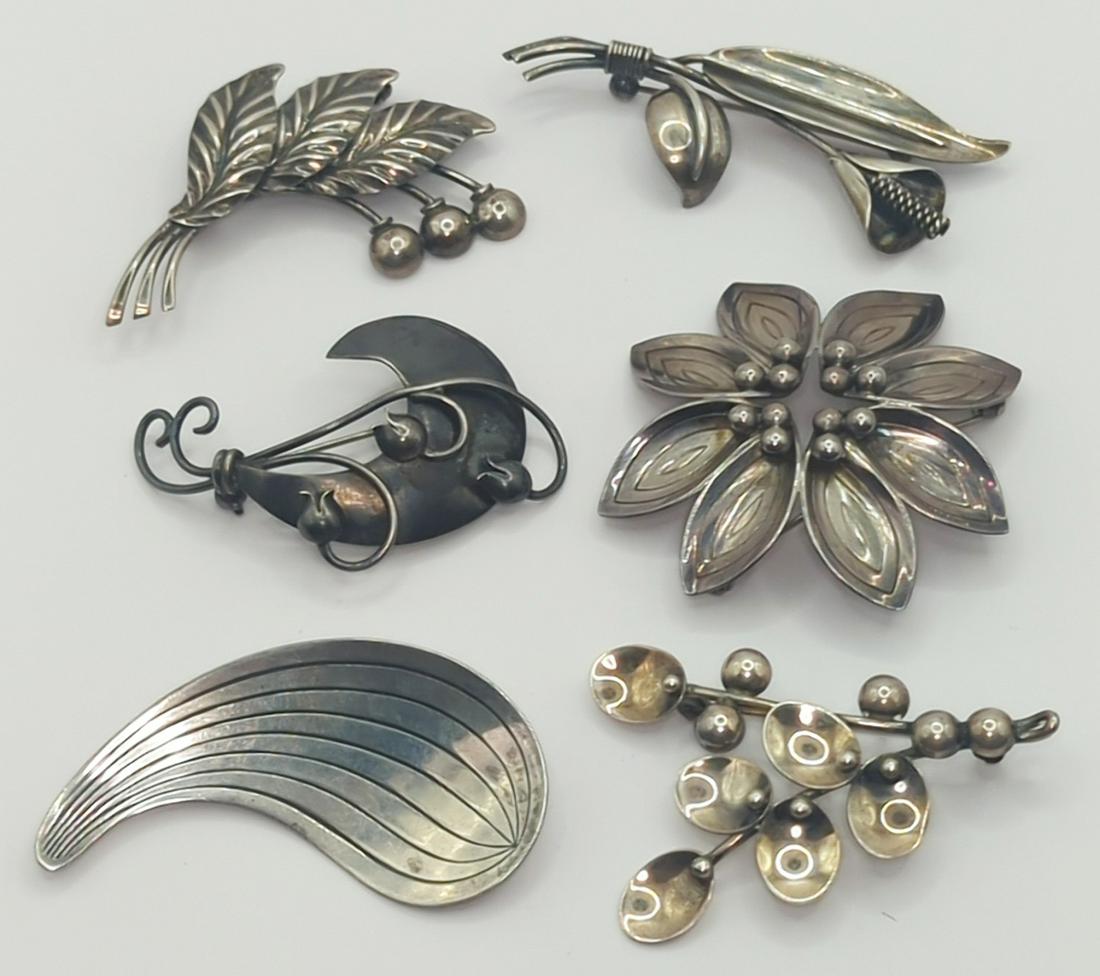 VARIOUS MAKERS, DENMARK; Six Modernist Sterling Silver Brooches (1 of 8)