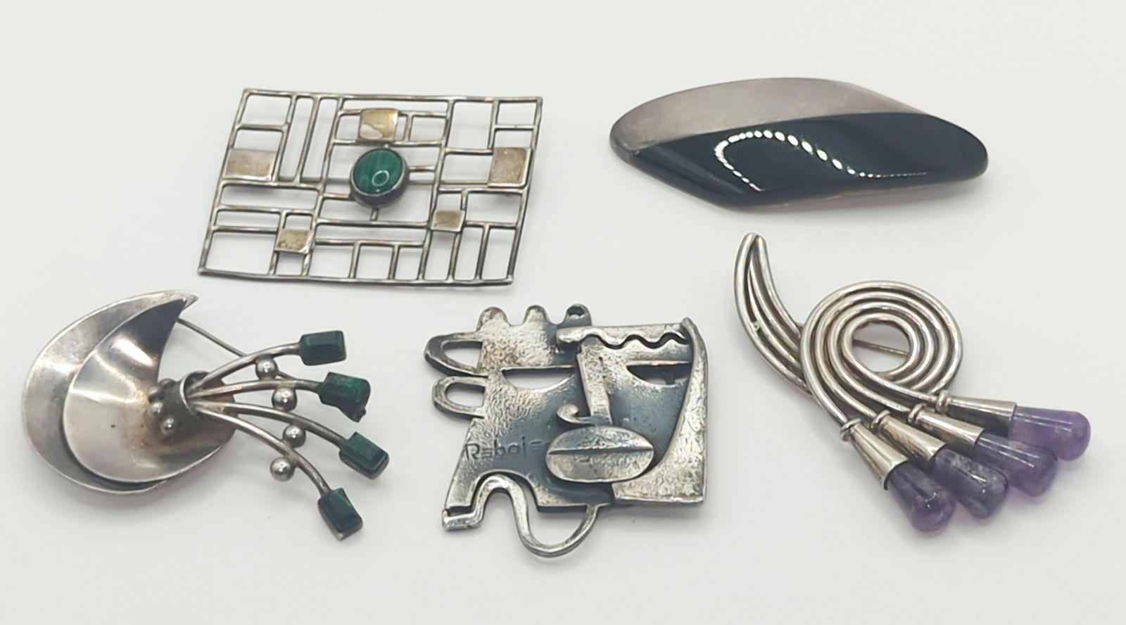 MEXICAN / SOUTHWESTERN; Five Modernist Sterling Silver Brooches (1 of 14)