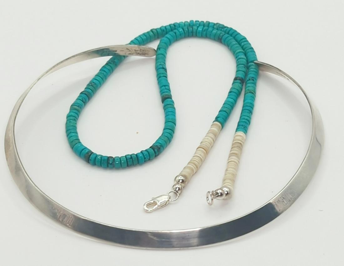 SOUTHWESTERN; Turquoise Bead Necklace And Sterling Silver Collar: 20th century. Collar marked M. KAYE. Beads 19" long, 35 grams total weight.