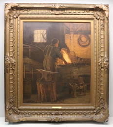 John George Brown (NY, 1831-1913) "The Village Smith" Oil Painting