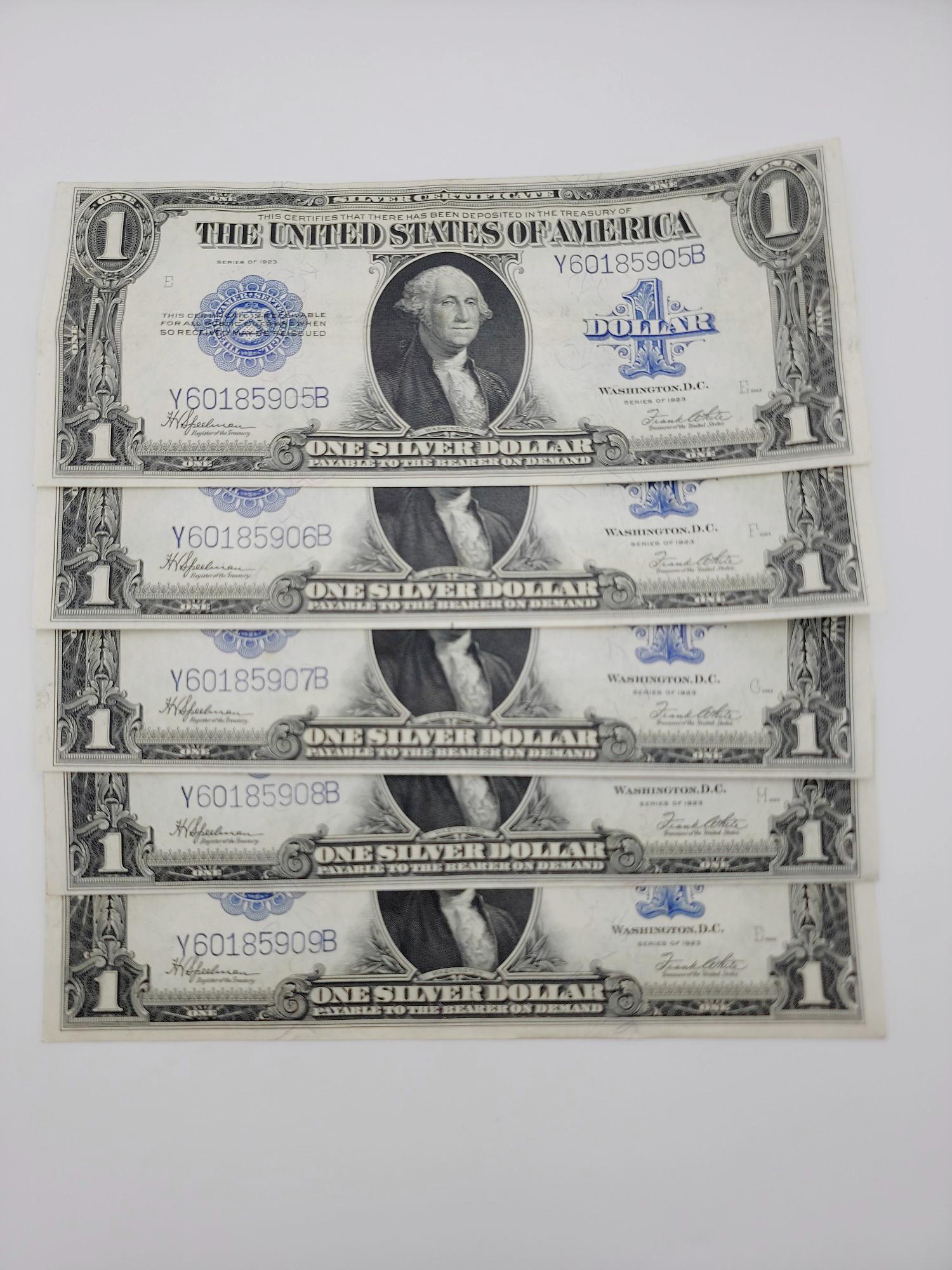 Fr. 237 $1 1923 Silver Cert. Consecutive Serial Number Run, 5 Notes (1 of 5)