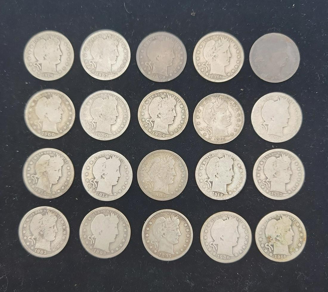 (Lot of 20) U.S. Barber Silver Quarters, $5.00 face value (1 of 5)
