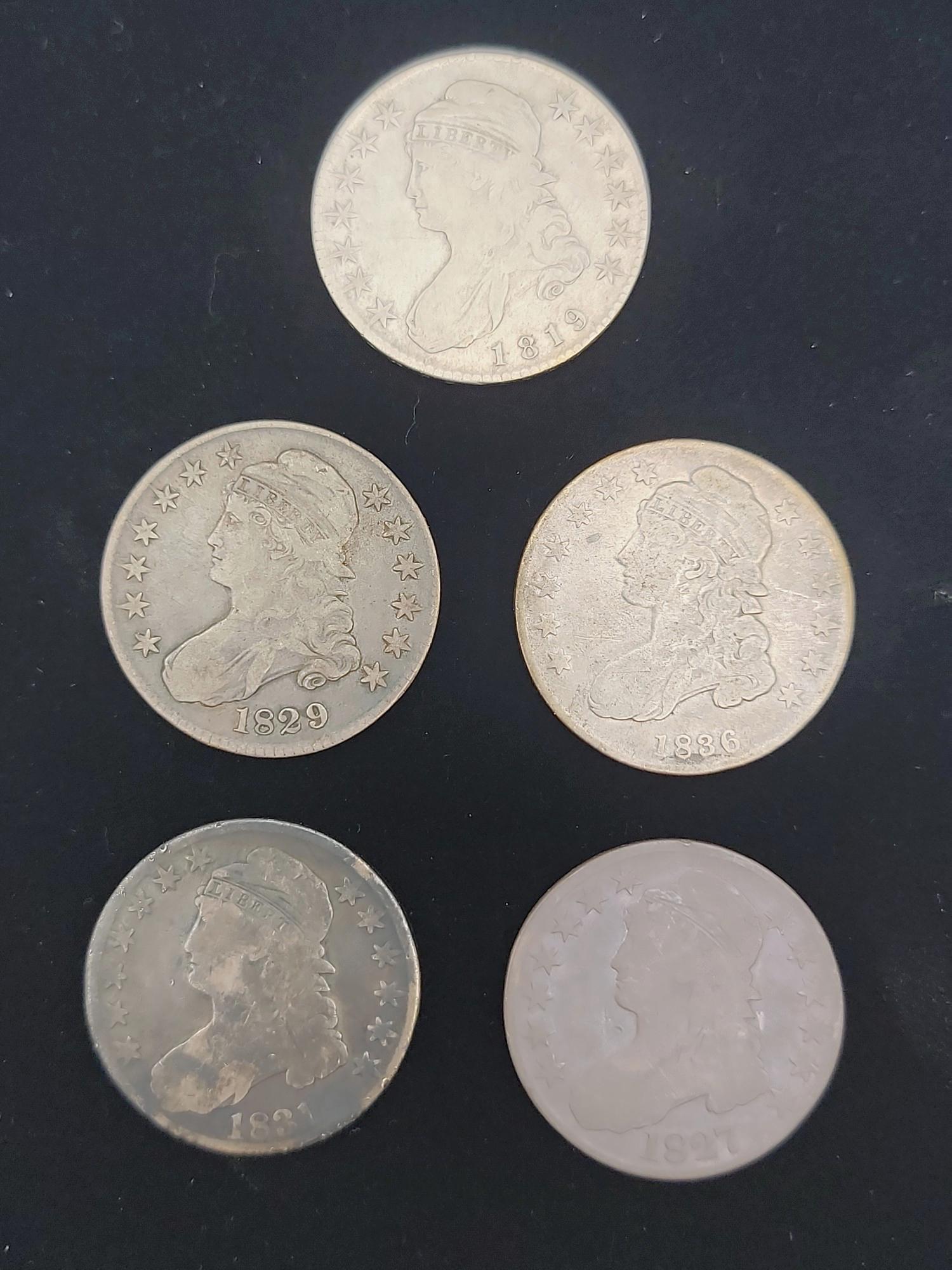 (Lot of 5) U.S. Capped Bust Silver Half Dollars, various dates (1 of 2)