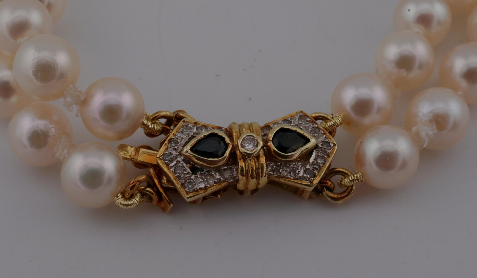 14kt Gold Double Strand Pearl 7 in. Bracelet w/ Diamond & Sapphire Clasp (1 of 5)