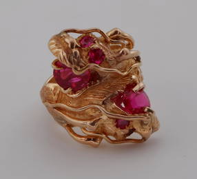 14kt Gold Carved Double Dragon Ruby Ring 19.9g size 9