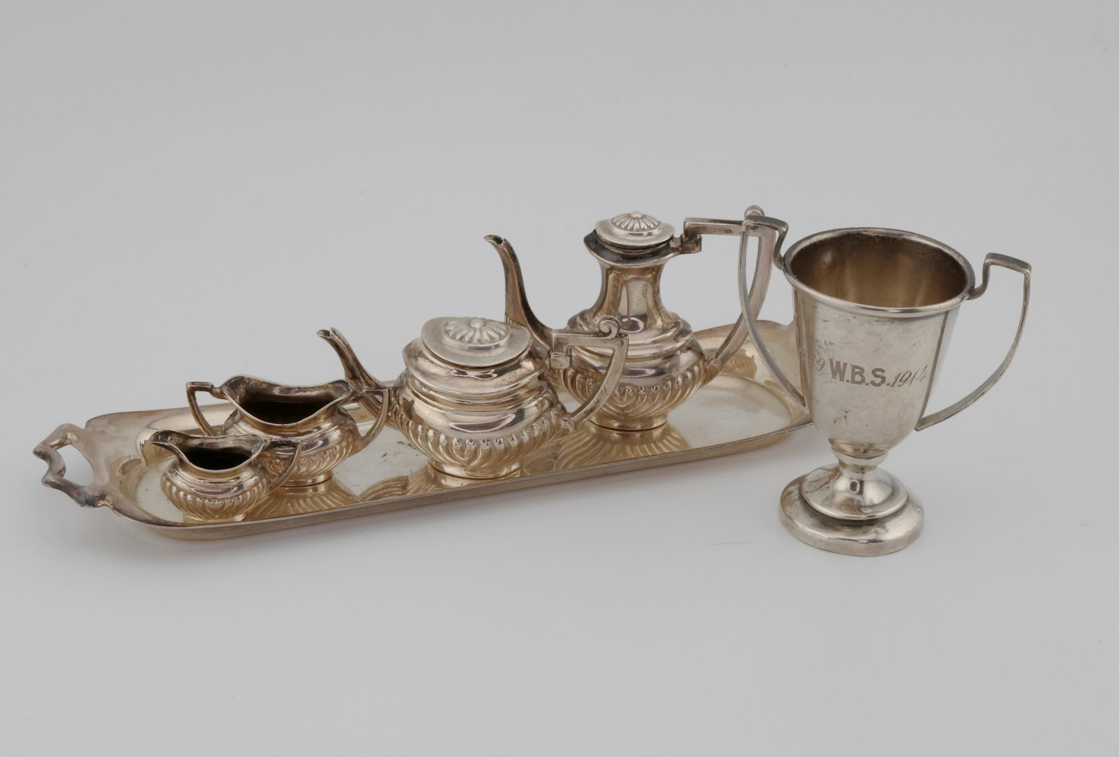 English Sterling Silver Miniature Tea Set & Miniature Trophy 2.4 ozt. (1 of 7)