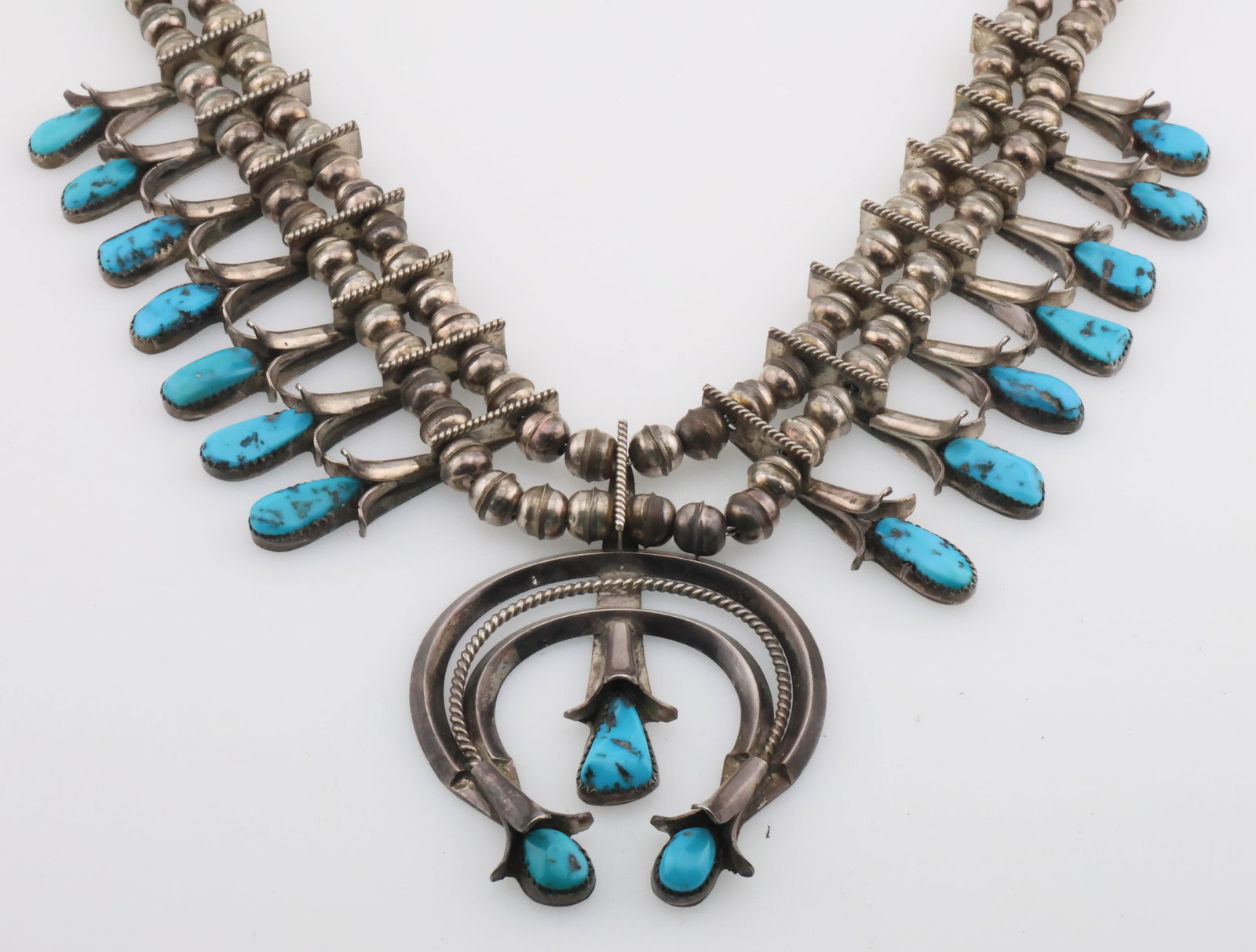 Signed Native American Sterling Silver & Turquoise Squash Blossom Necklace (1 of 7)