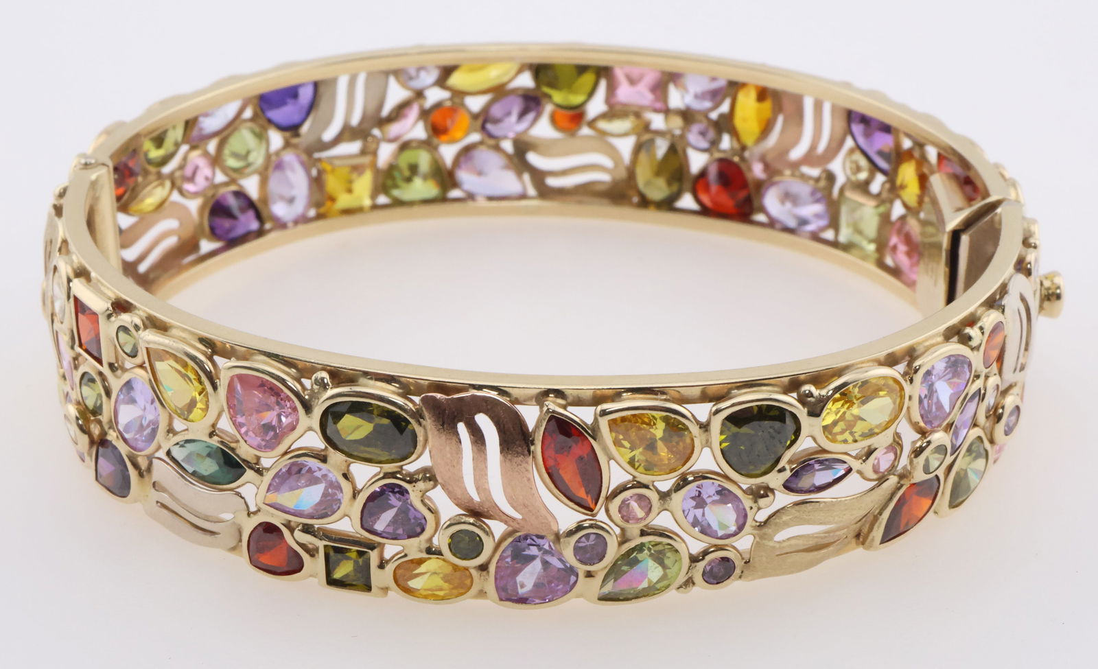 14k Gold Multi Gemstone Hinged Bangle Bracelet 41.9g (1 of 7)