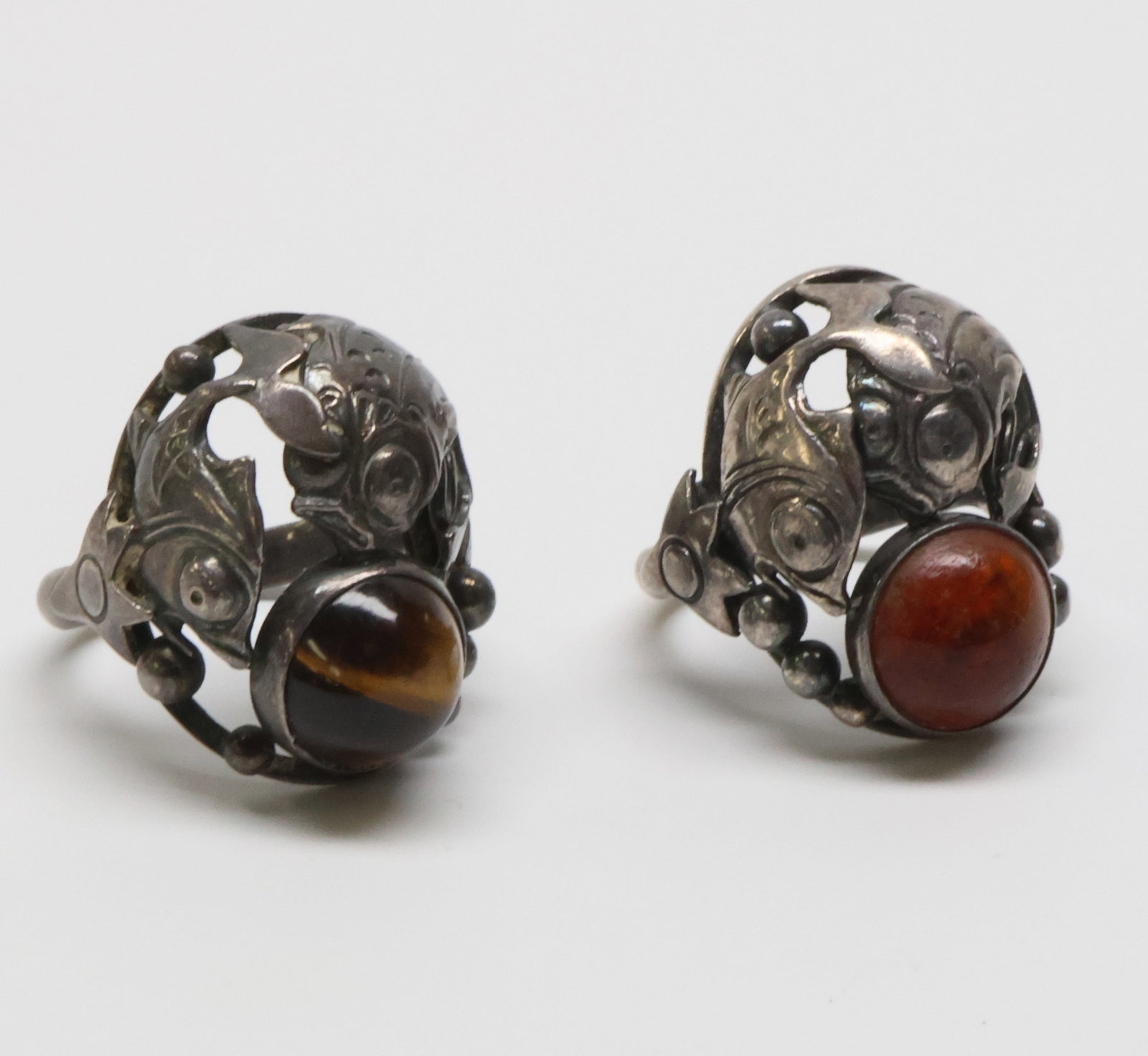 NIELS ERIK FROM; Two Modernist Sterling Amber Or Tiger's Eye Fish Rings (1 of 4)