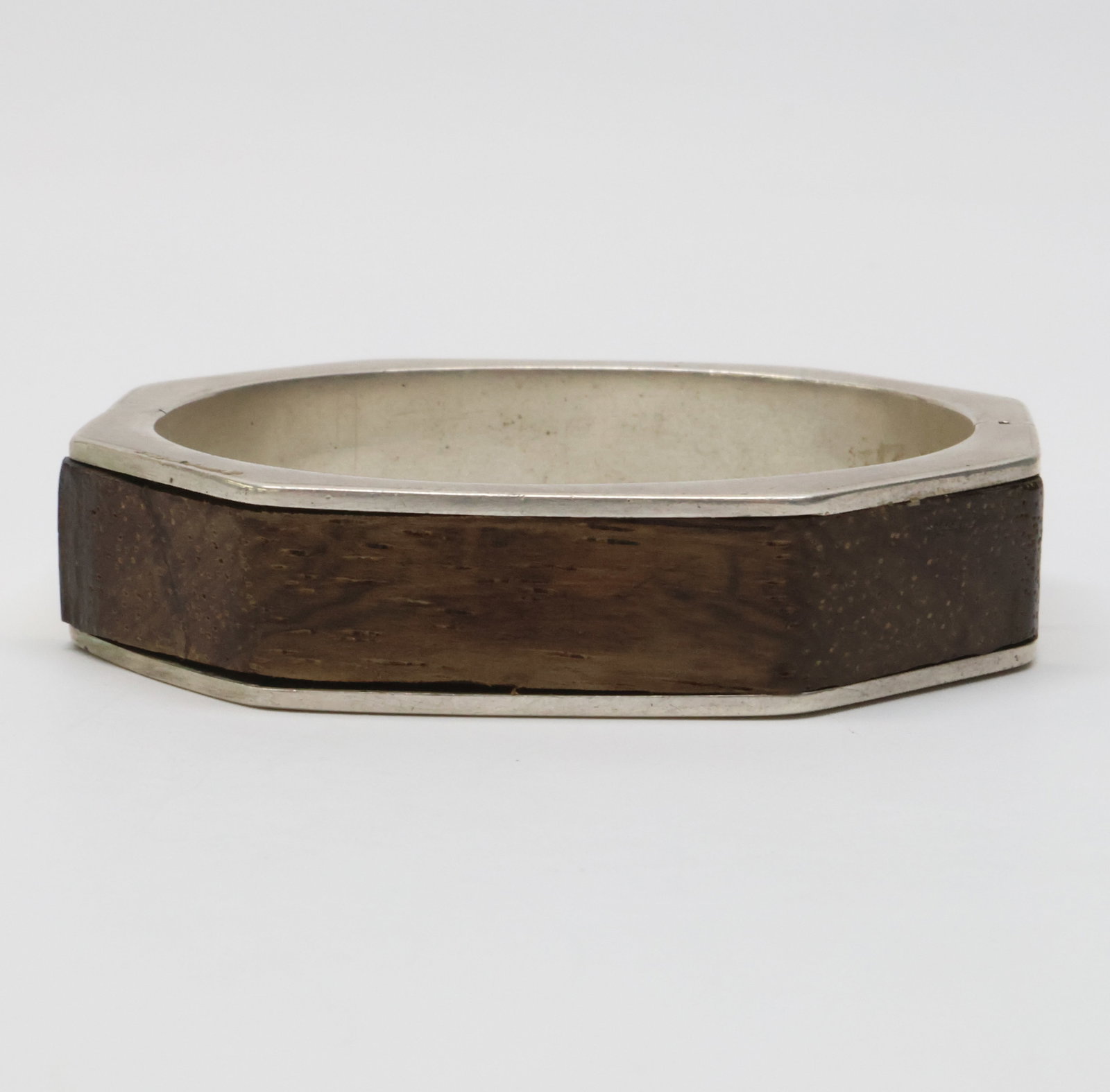 HANS HANSEN; Modernist Sterling Silver Wood Inlaid Bangle Bracelet (1 of 4)
