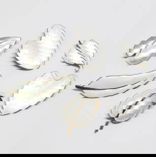 SCANDINAVIAN; Four Modernist White Enamel Silver Leaf Brooches: 20th Century. Makers Include Volmer Bahner, Etc. Sizes From 1 3/4" To 2 3/4". Total Weight 71 Grams. Minor Imperfections