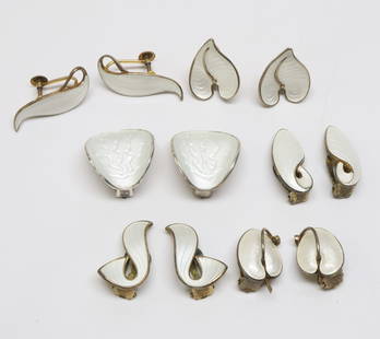 SCANDINAVIAN; Six Pair Modernist White Enamel Silver Earrings: 20th Century. Makers Include Volmer Bahner, Etc. Sizes From 3/4" To 1". Total Weight 41 Grams.