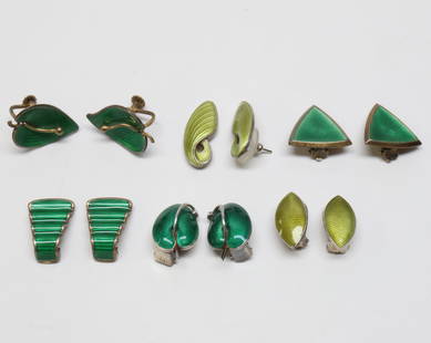 SCANDINAVIAN; Six Pair Modernist Green Enamel Silver Earrings: 20th Century. Makers Include J. Tostrup, Volmer Bahner. Sizes From 7/8" To 1". Total Weight 39 Grams.