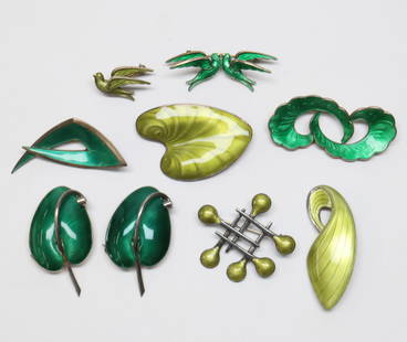 SCANDINAVIAN; Nine Modernist Green Enamel Silver Brooches/Pins: 20th Century. Makers Include Volmer Bahner, Albert Scharning. Sizes From 1" To 2 1/4". Total Weight 89 Grams.