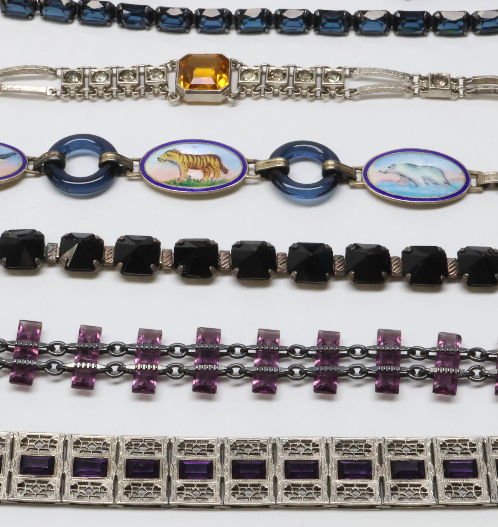 ART DECO; Six Silver And Base Metal Gemstone Bracelets (1 of 3)
