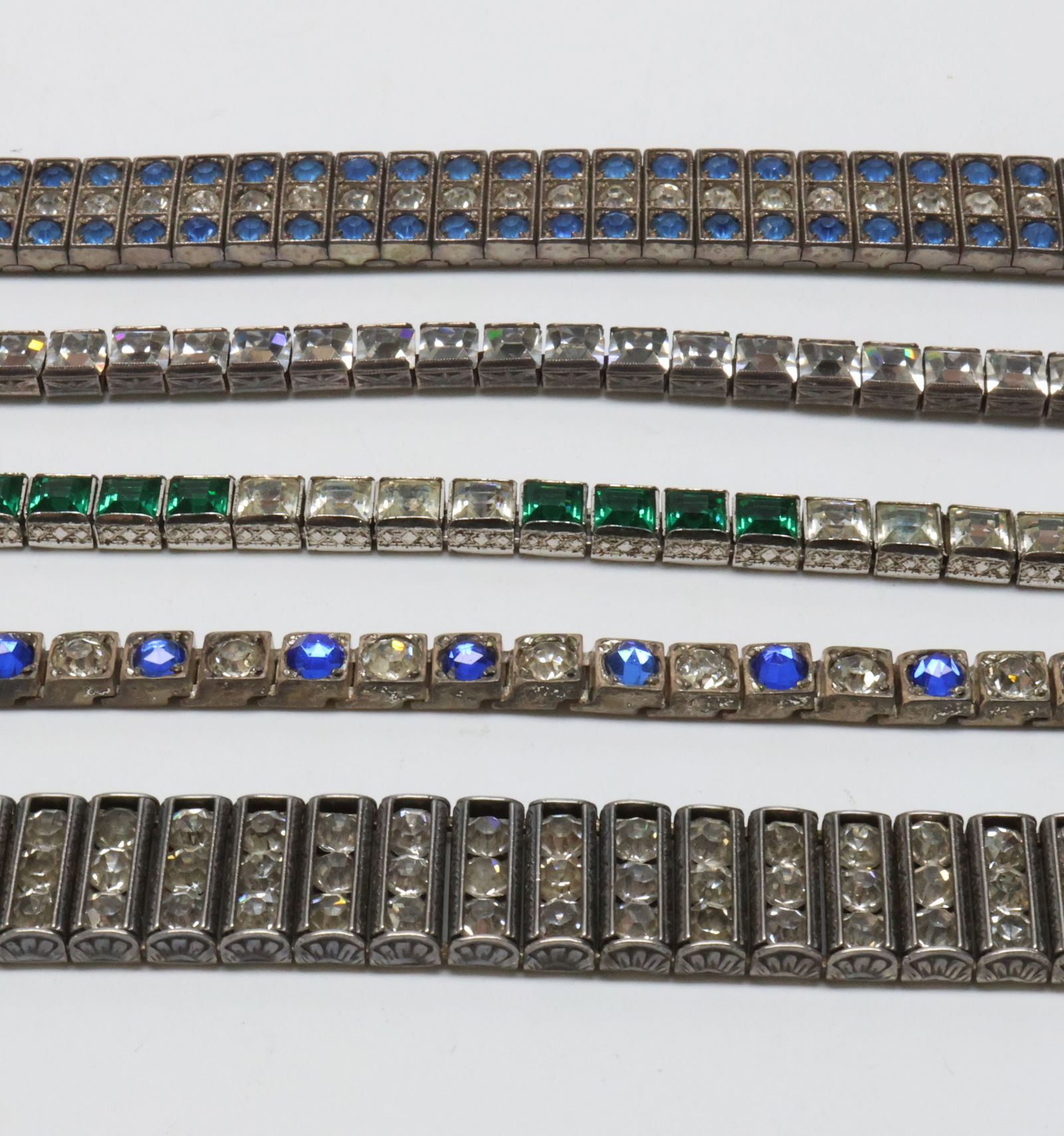 ART DECO; Five Silver And Rhinestone Line Bracelets (1 of 3)