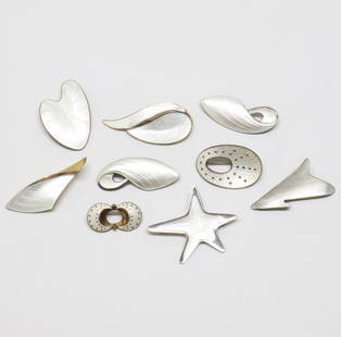 VOLMER BAHNER, BALLE, ETC; Nine Modernist Sterling White Enamel Brooches: Three By Volmer Bahner, Others By Various Makers. A Few with Hairlines. Sizes From 1 1/2" To 2 1/4", Total Weight 100 Grams.