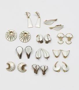 VARIOUS MAKERS; Eleven Pair Modernist Sterling Enamel Earrings: Makers Include Osvais, Tostrup, Volmer Bahner, Etc. Sizes From 3/4" To 1 1/4", Total Weight 67 Grams.